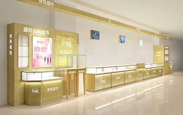 Traditional jewelry store glass display cases are neatly arranged in a row.