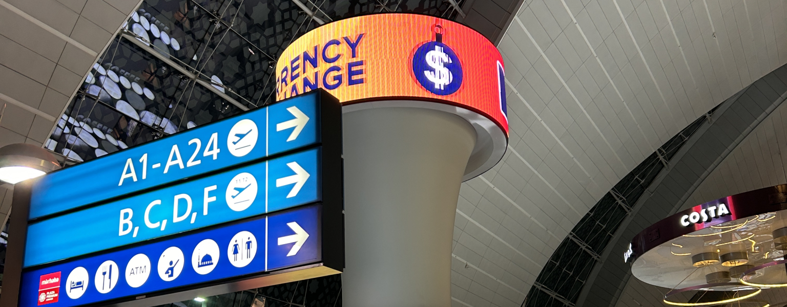 Flexible led modules are used on top of airports, and cylindrical led displays can show information in all directions.